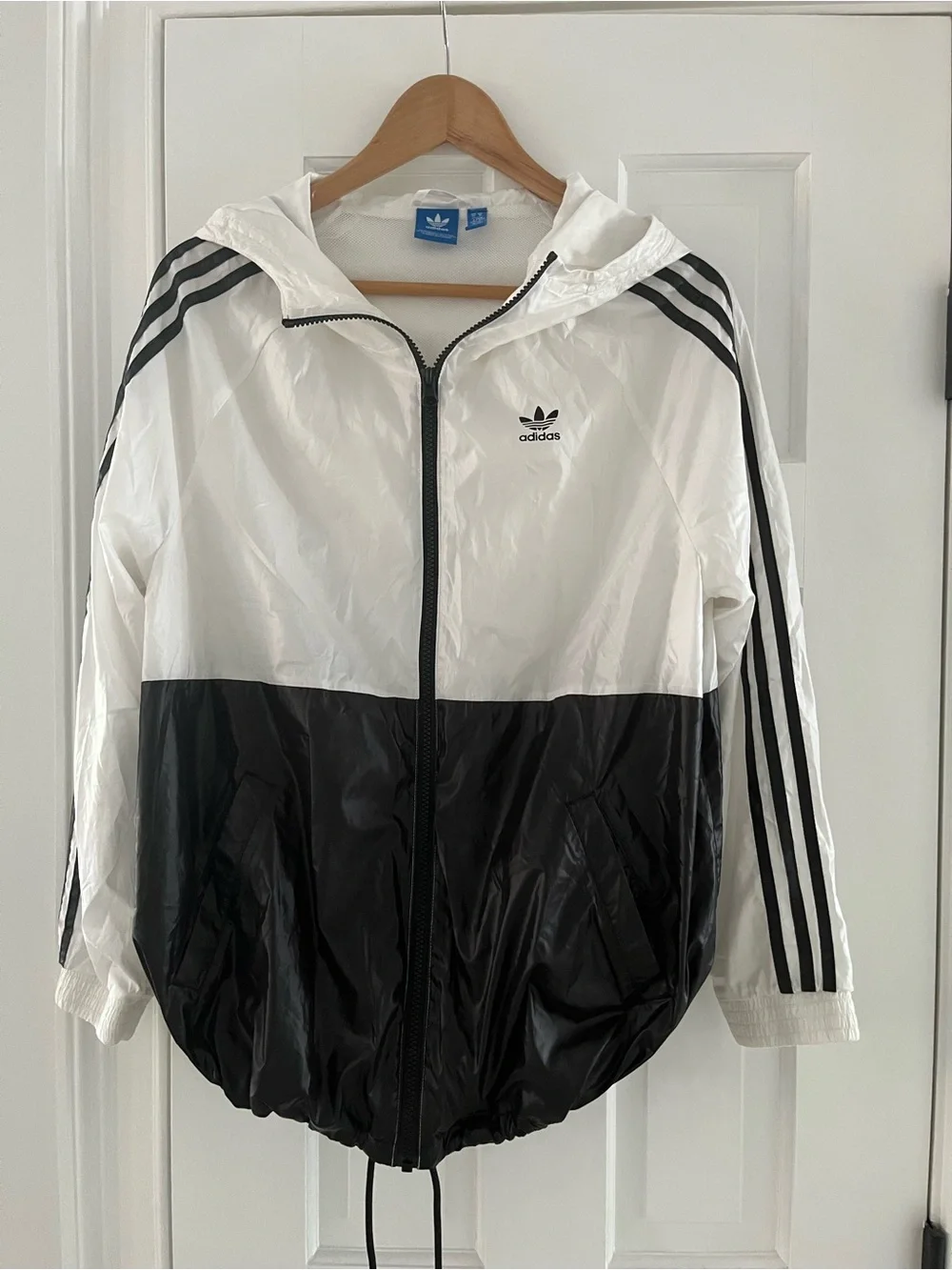 adidas White and Black Hooded Bomber Jacket with Three Stripes